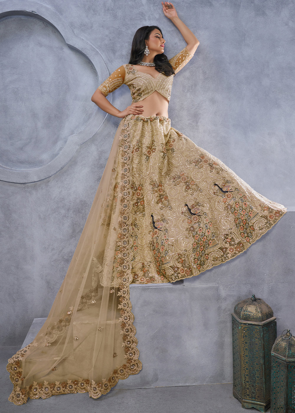 Golden Brown Net Lehenga Choli – Embellished with Sequins, Stones, and Sitara