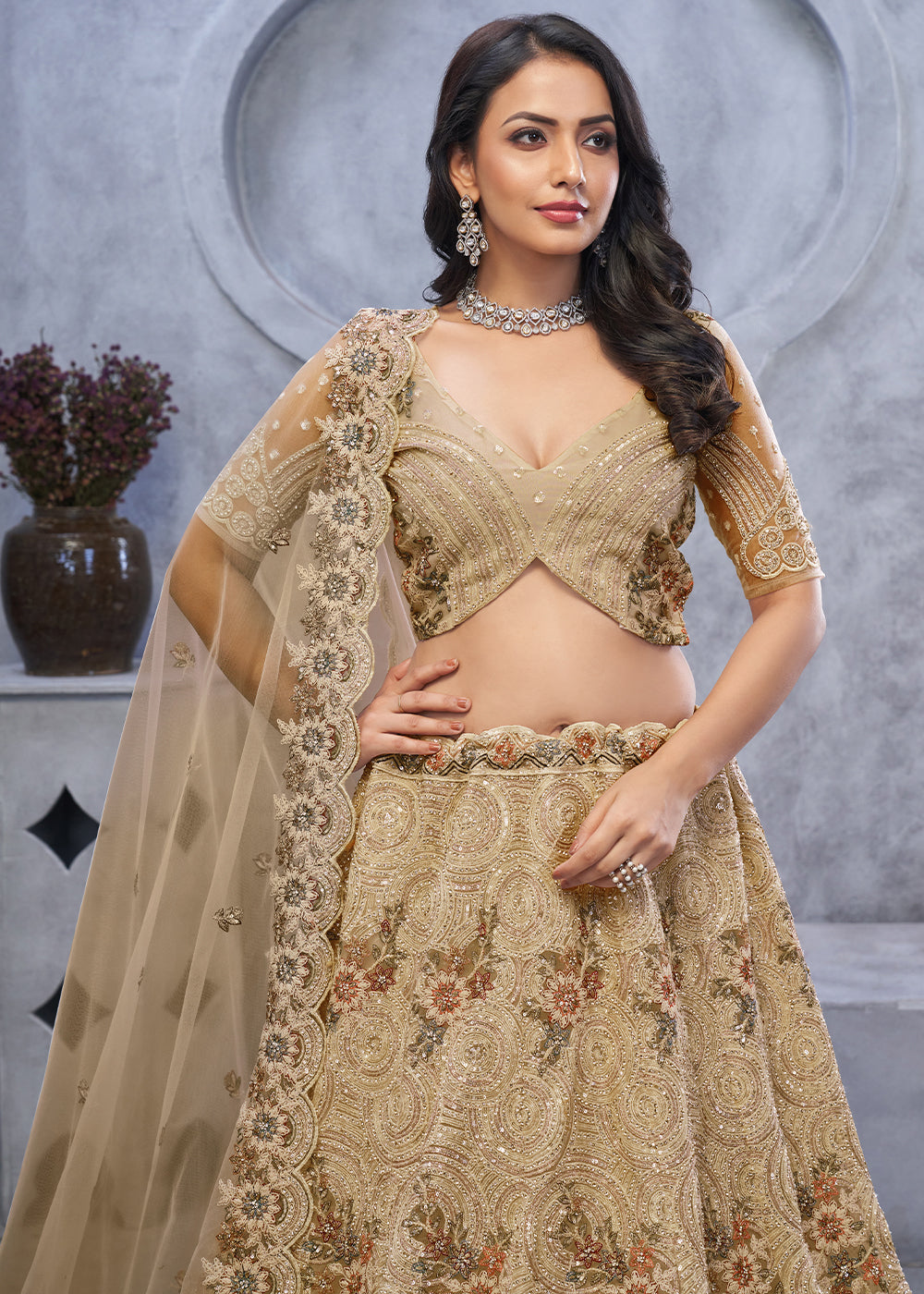 Golden Brown Net Lehenga Choli – Embellished with Sequins, Stones, and Sitara