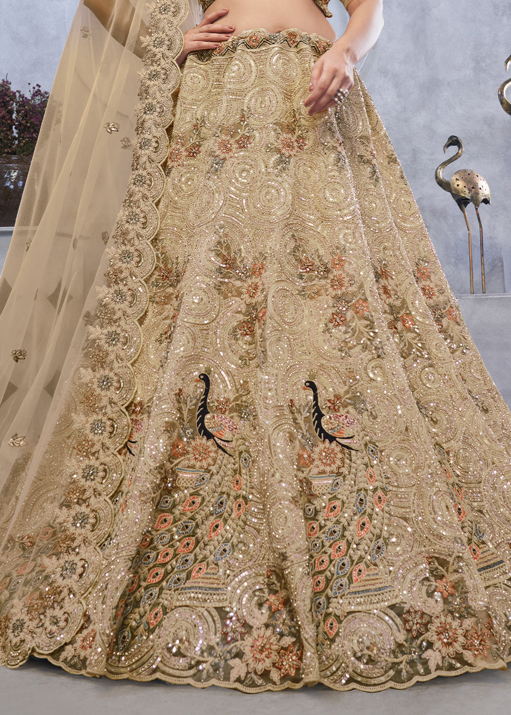 Golden Brown Net Lehenga Choli – Embellished with Sequins, Stones, and Sitara