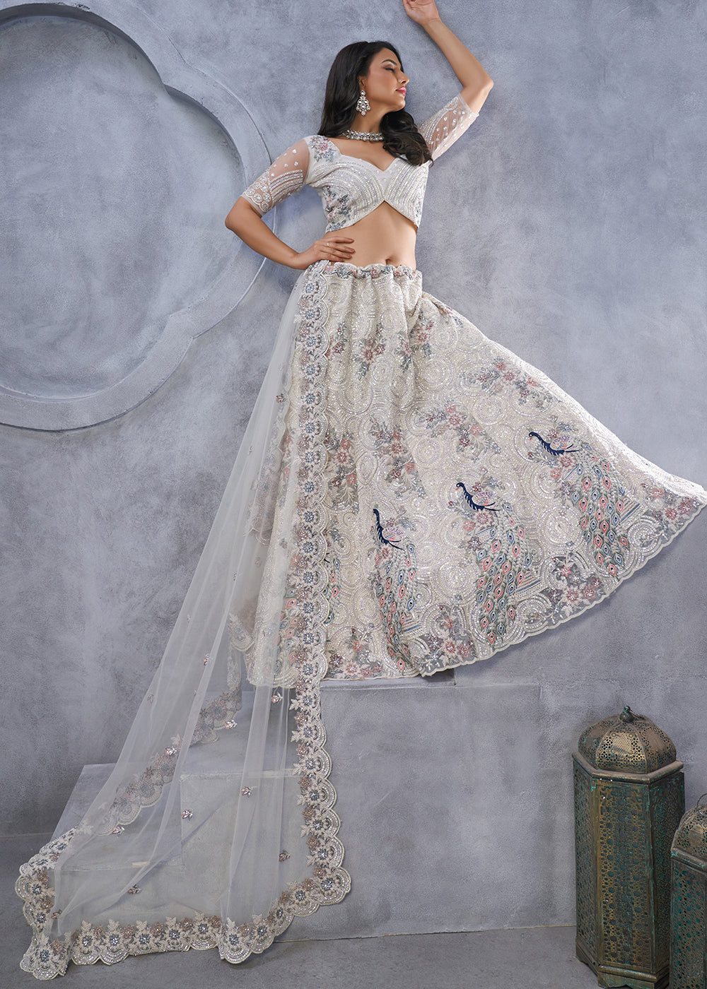 Ivory White Net Lehenga Choli – Embellished with Sequins, Stones, and Sitara