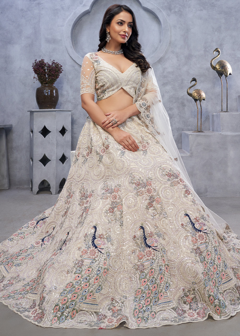 Ivory White Net Lehenga Choli – Embellished with Sequins, Stones, and Sitara