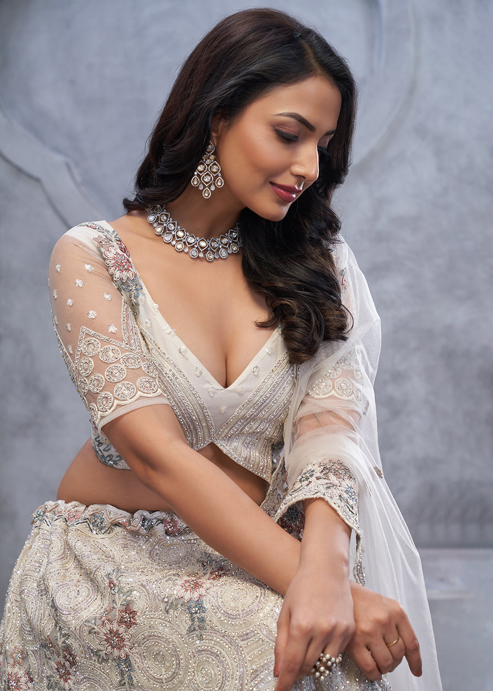 Ivory White Net Lehenga Choli – Embellished with Sequins, Stones, and Sitara