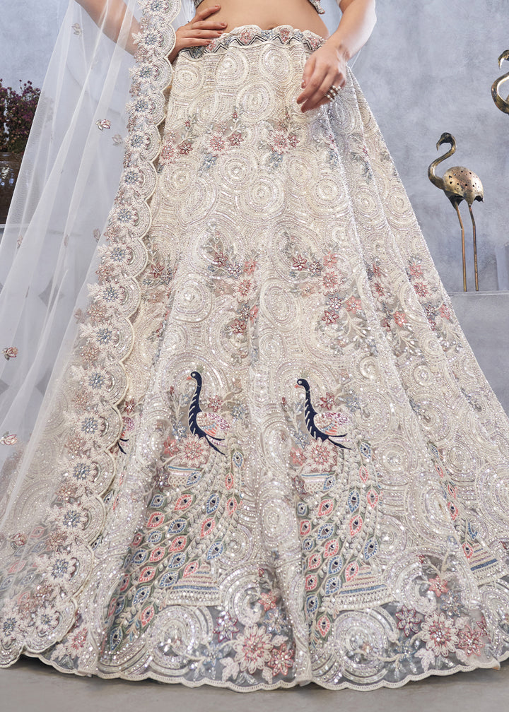 Ivory White Net Lehenga Choli – Embellished with Sequins, Stones, and Sitara