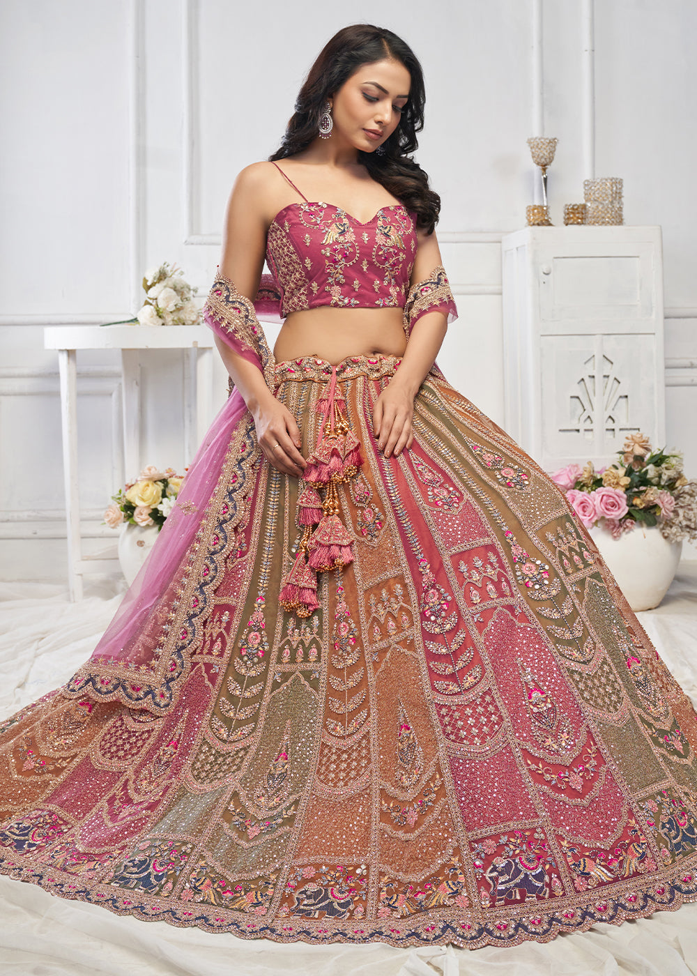 Onion Purple Net Lehenga Choli – Embellished with Sequins, Zari Weaving and Thread work