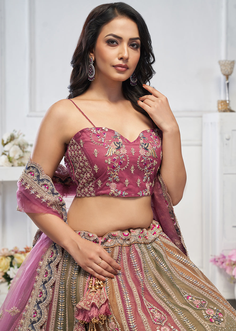 Onion Purple Net Lehenga Choli – Embellished with Sequins, Zari Weaving and Thread work