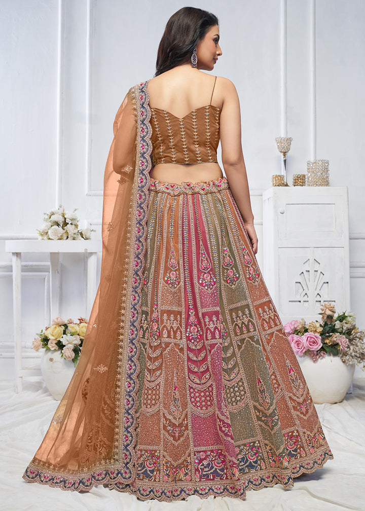 Mustard Brown Net Lehenga Choli – Embellished with Sequins, Zari Weaving and Thread work