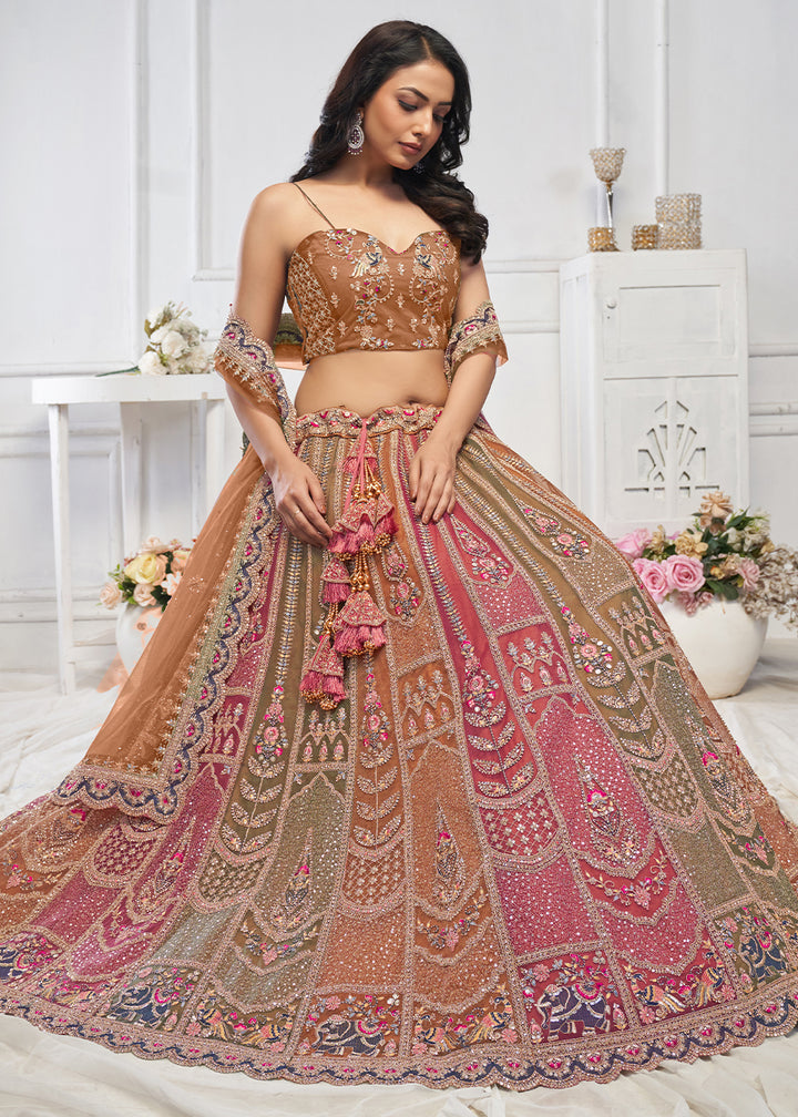 Mustard Brown Net Lehenga Choli – Embellished with Sequins, Zari Weaving and Thread work