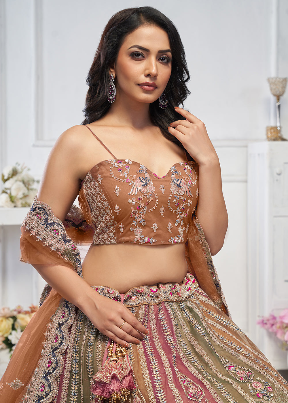 Mustard Brown Net Lehenga Choli – Embellished with Sequins, Zari Weaving and Thread work