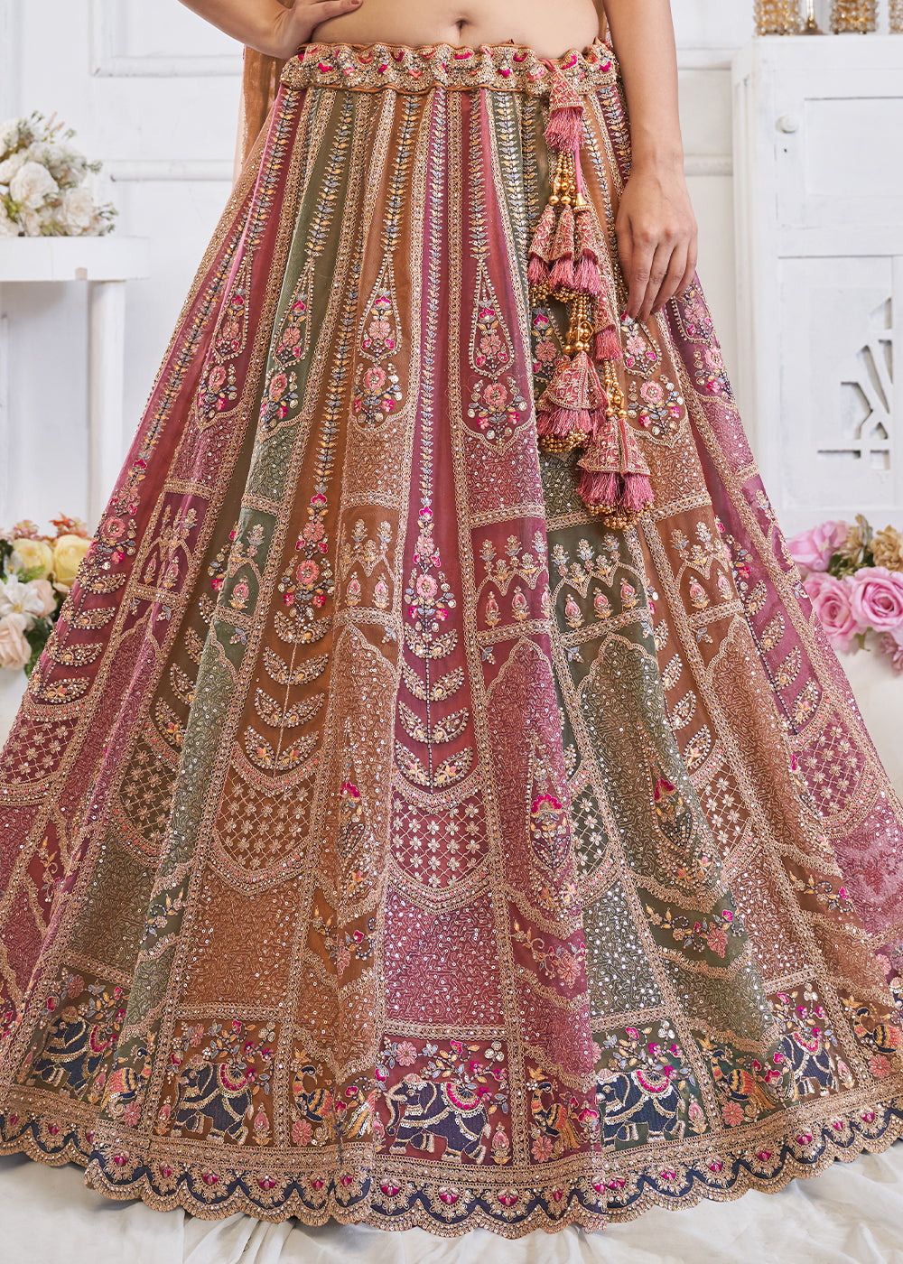 Mustard Brown Net Lehenga Choli – Embellished with Sequins, Zari Weaving and Thread work