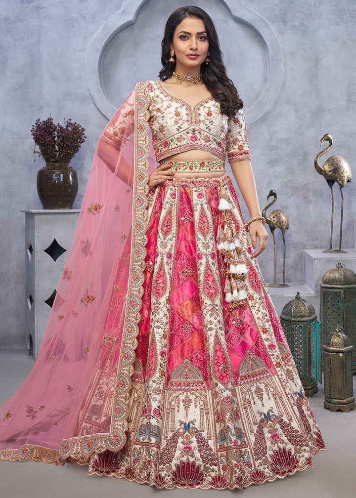 Cream White Organza Silk Lehenga for Brides with Peacock and Temple Motifs