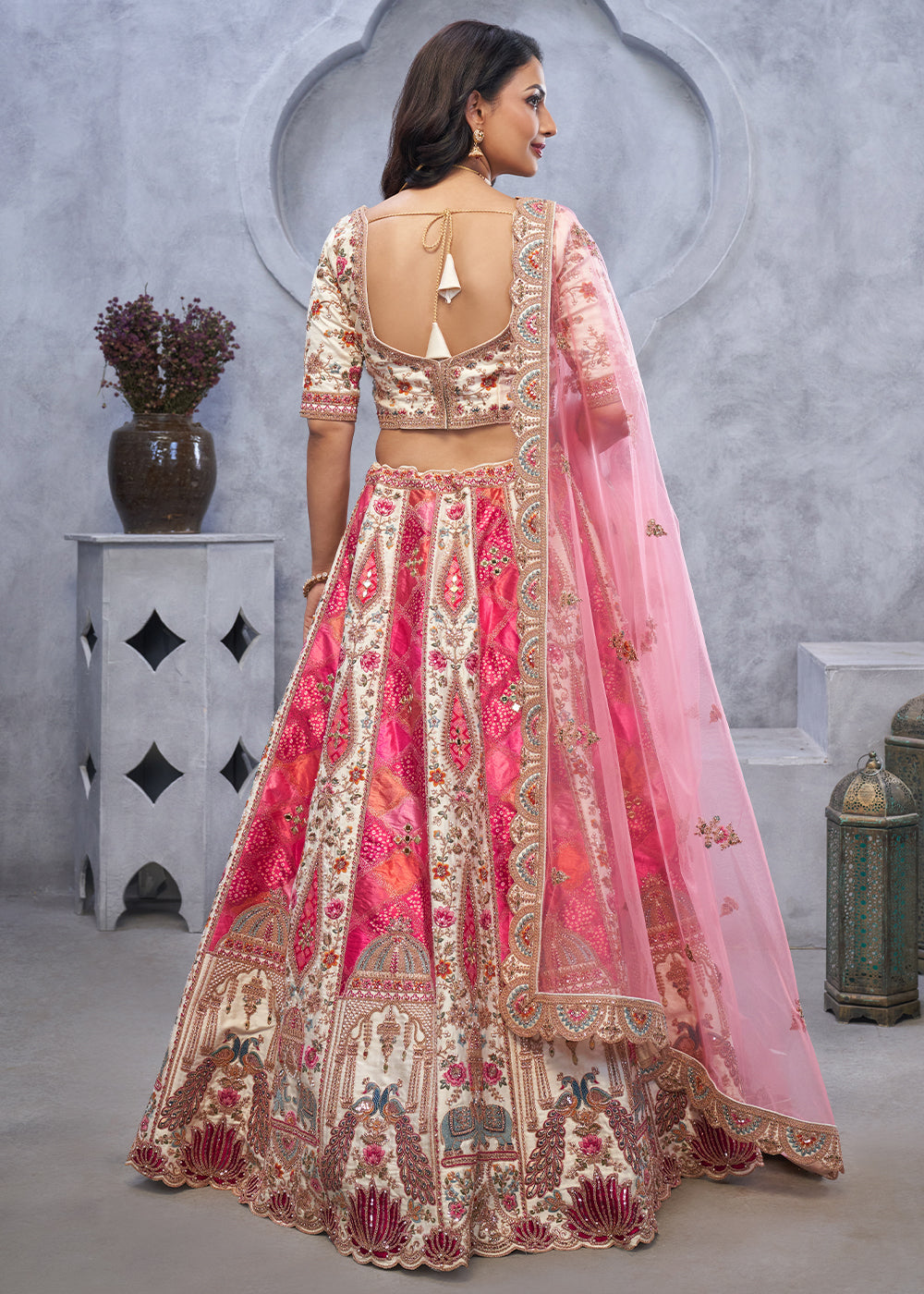 Cream White Organza Silk Lehenga for Brides with Peacock and Temple Motifs