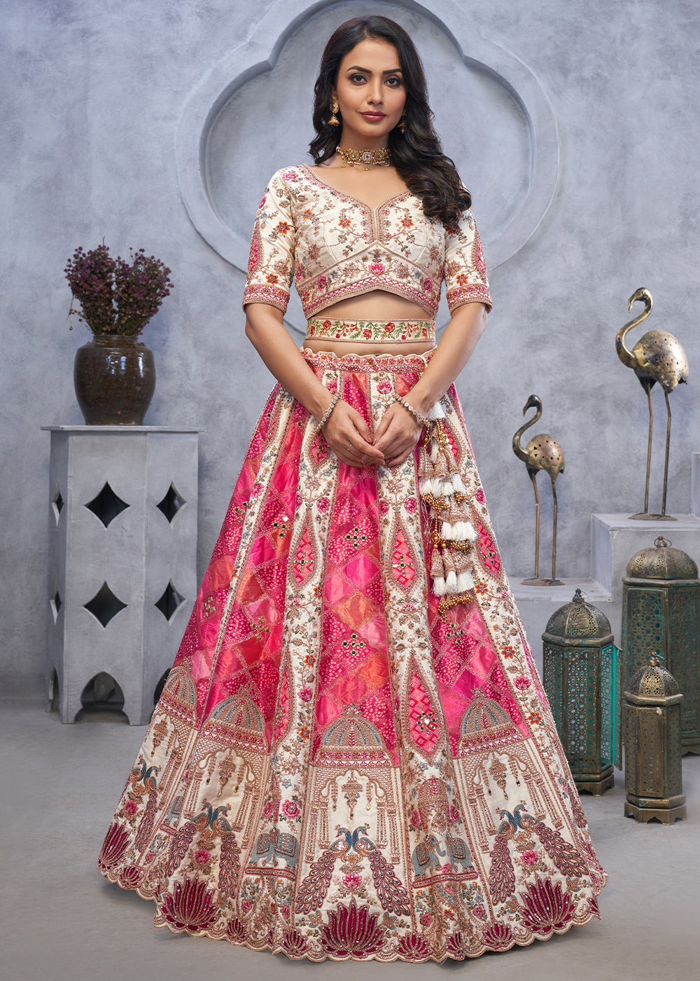 Cream White Organza Silk Lehenga for Brides with Peacock and Temple Motifs