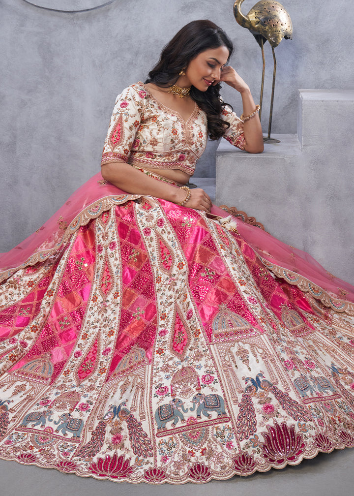 Cream White Organza Silk Lehenga for Brides with Peacock and Temple Motifs