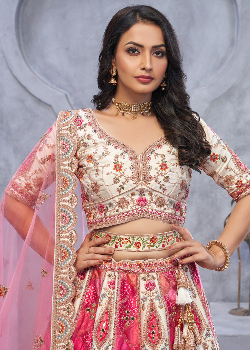 Cream White Organza Silk Lehenga for Brides with Peacock and Temple Motifs