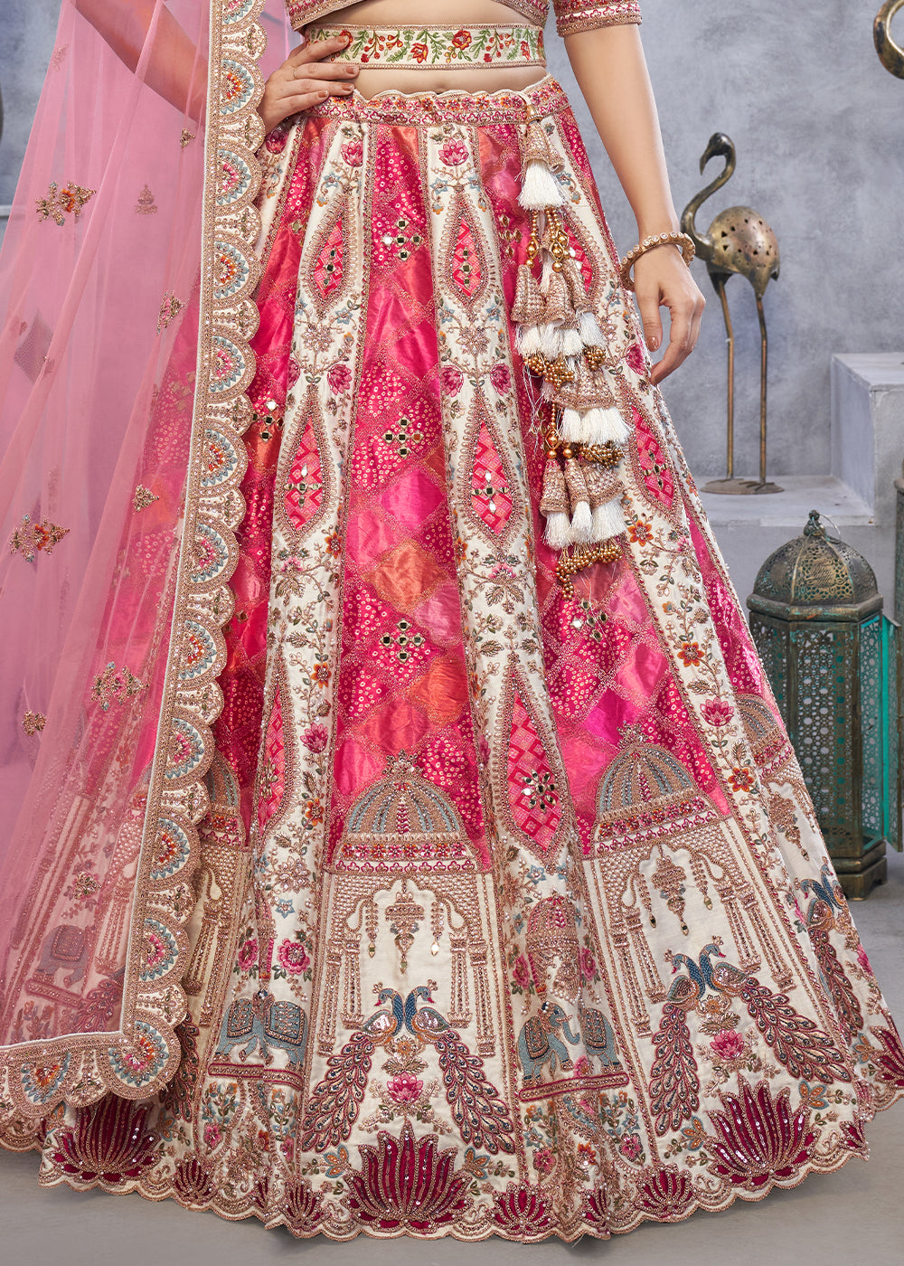 Cream White Organza Silk Lehenga for Brides with Peacock and Temple Motifs