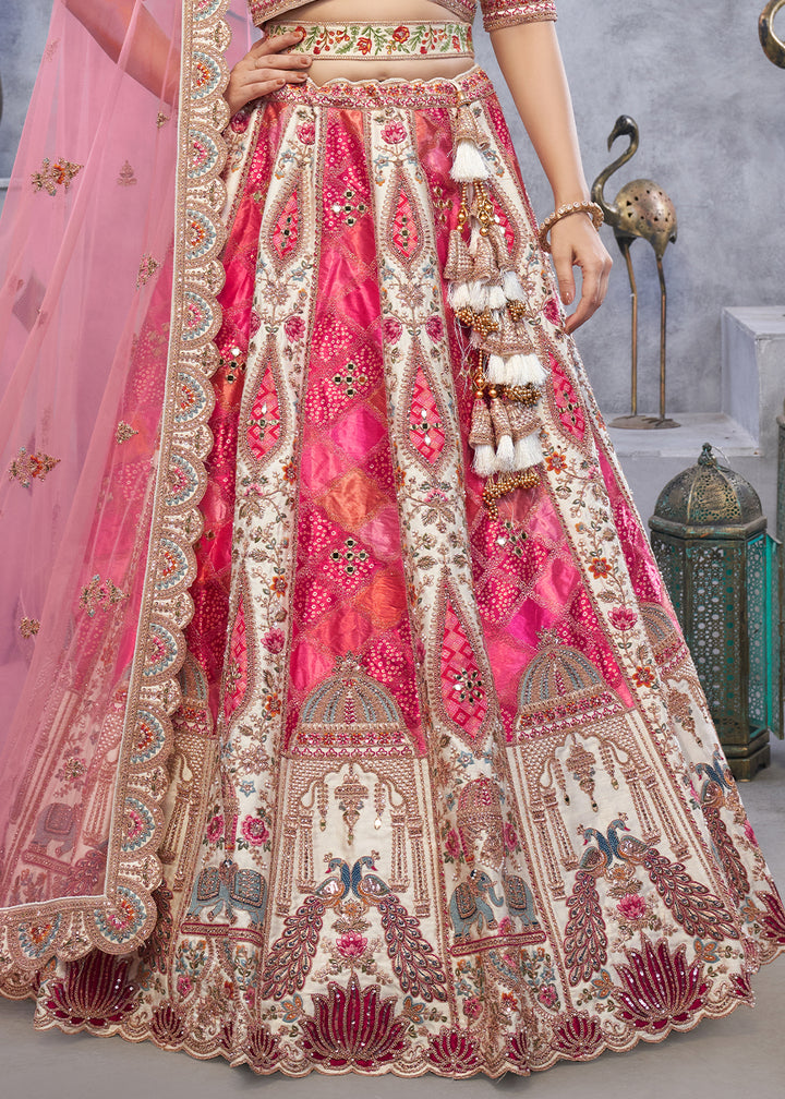 Cream White Organza Silk Lehenga for Brides with Peacock and Temple Motifs