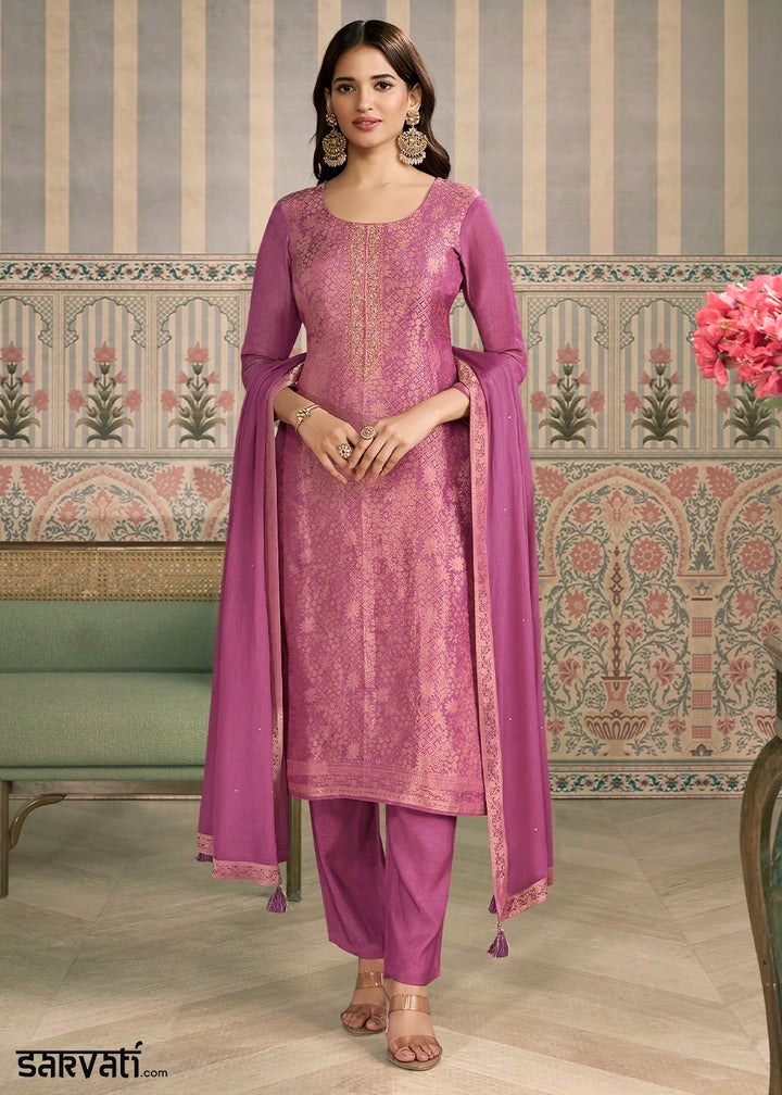 Bright Purple Jacquard Simar Silk Pant Suit with Hand Embroidery