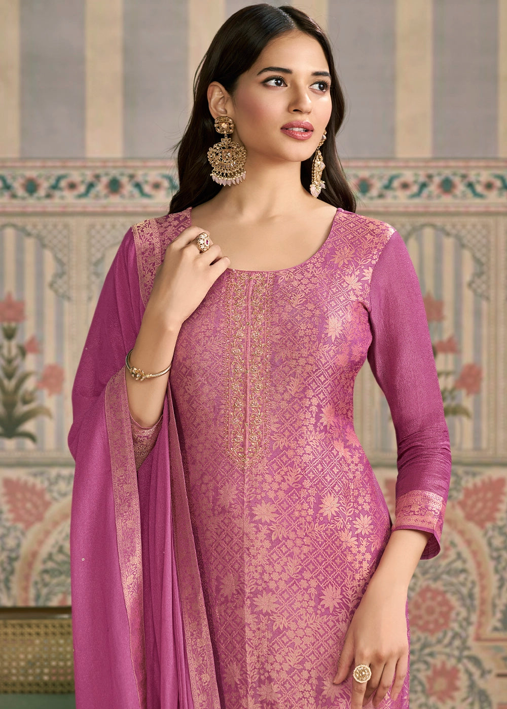Bright Purple Jacquard Simar Silk Pant Suit with Hand Embroidery
