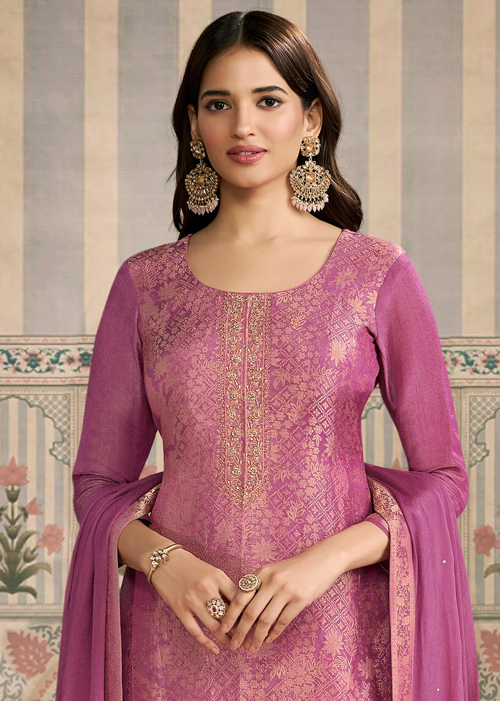 Bright Purple Jacquard Simar Silk Pant Suit with Hand Embroidery