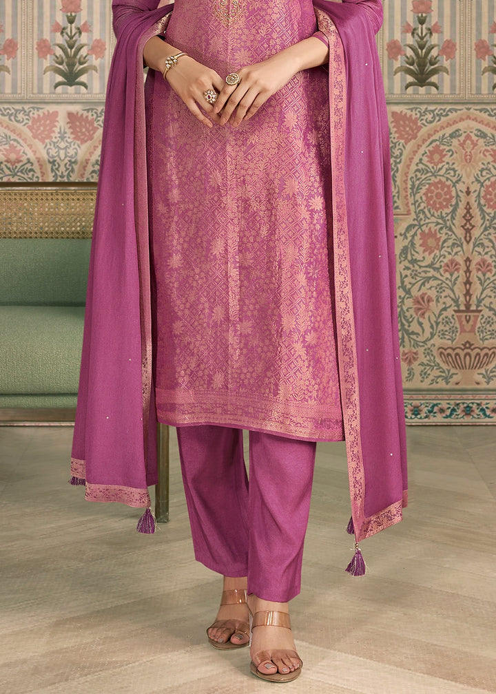 Bright Purple Jacquard Simar Silk Pant Suit with Hand Embroidery
