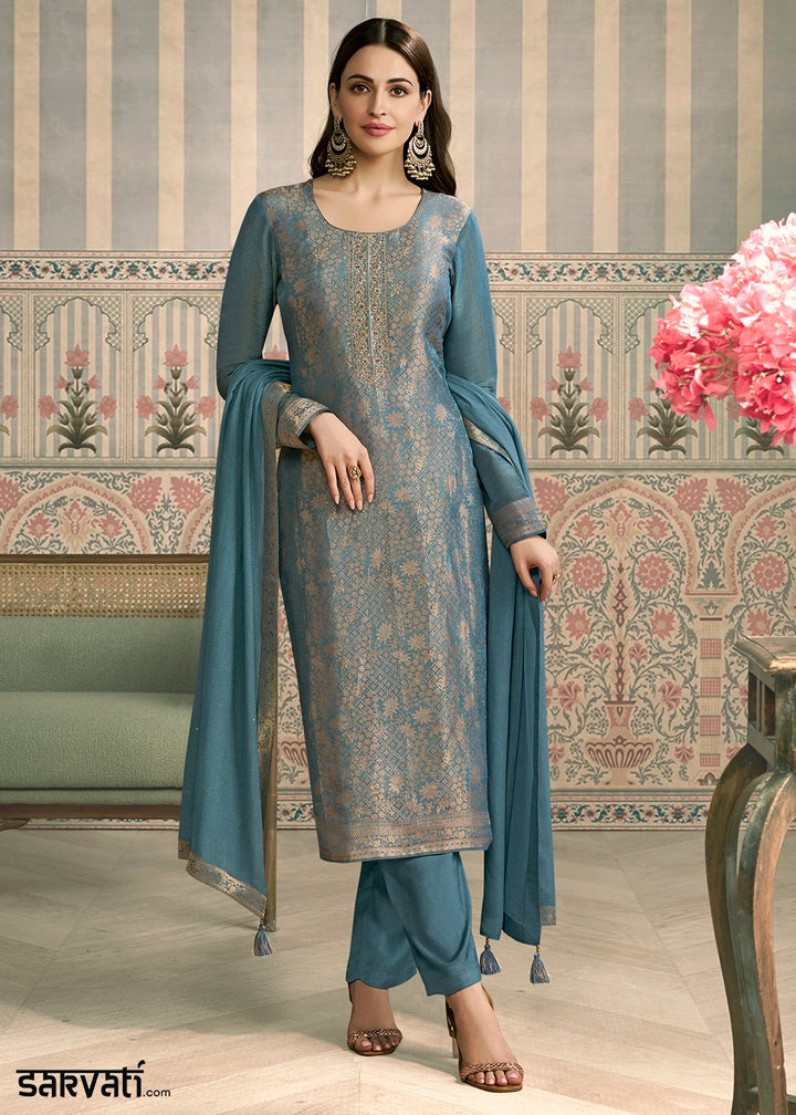 Celadon Blue Jacquard Simar Silk Pant Suit with Hand Embroidery