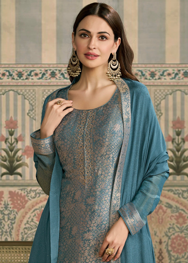 Celadon Blue Jacquard Simar Silk Pant Suit with Hand Embroidery