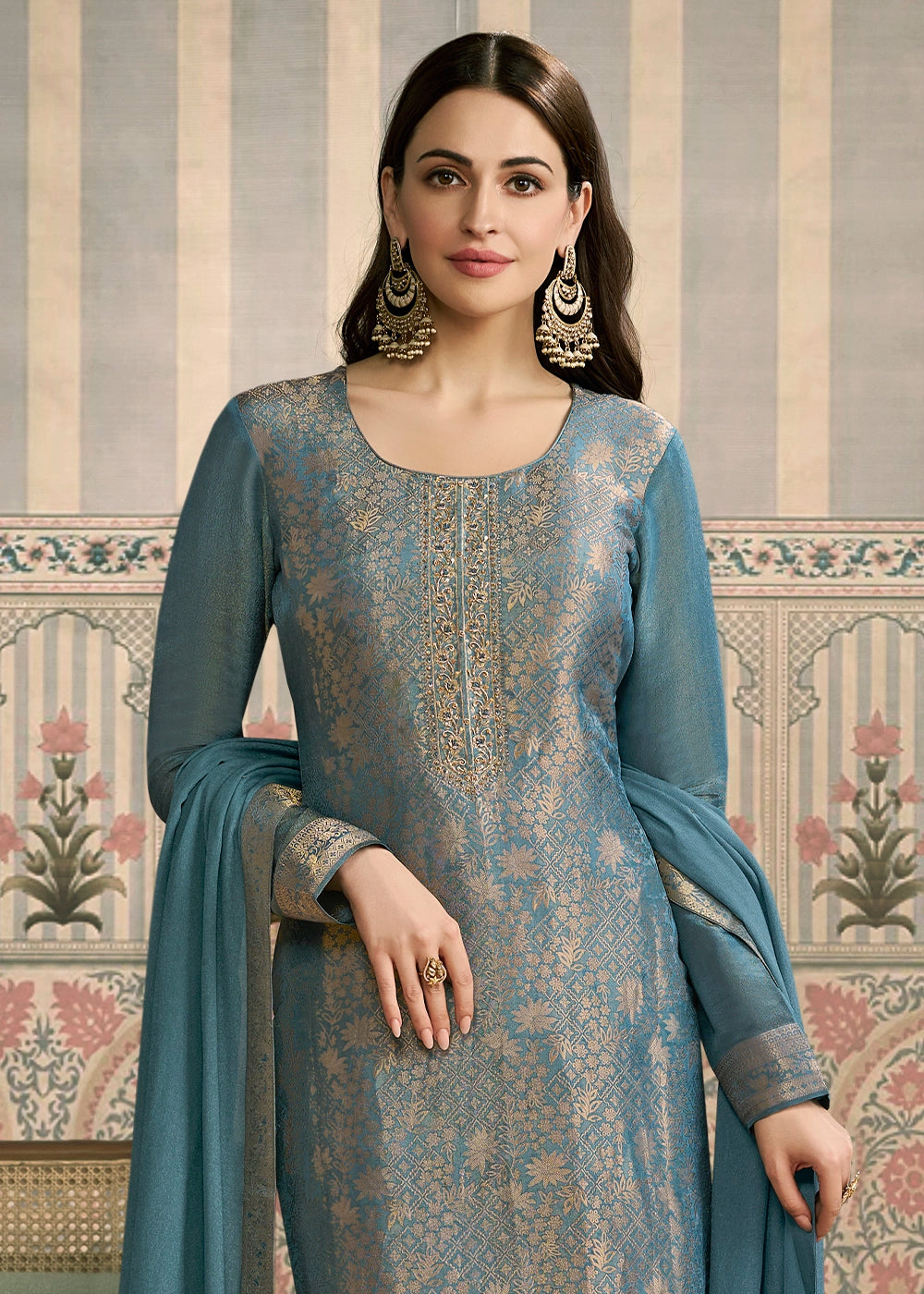 Celadon Blue Jacquard Simar Silk Pant Suit with Hand Embroidery