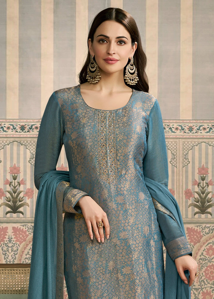 Celadon Blue Jacquard Simar Silk Pant Suit with Hand Embroidery