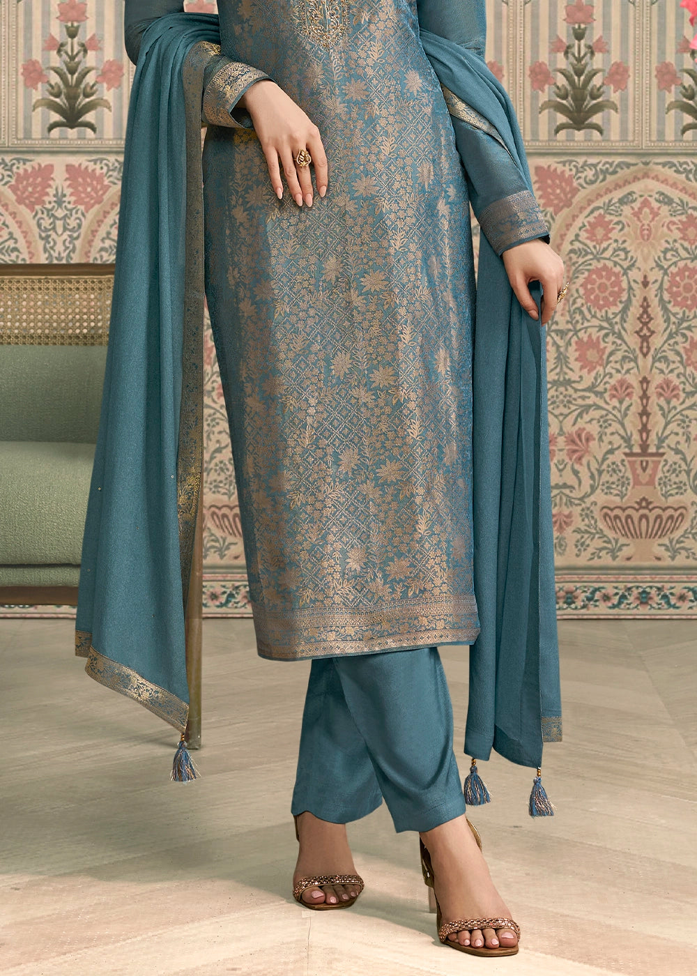 Celadon Blue Jacquard Simar Silk Pant Suit with Hand Embroidery