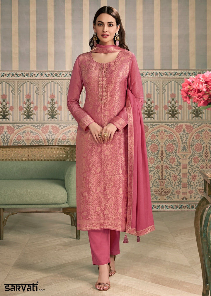 Watermelon Pink Jacquard Simar Silk Pant Suit with Hand Embroidery