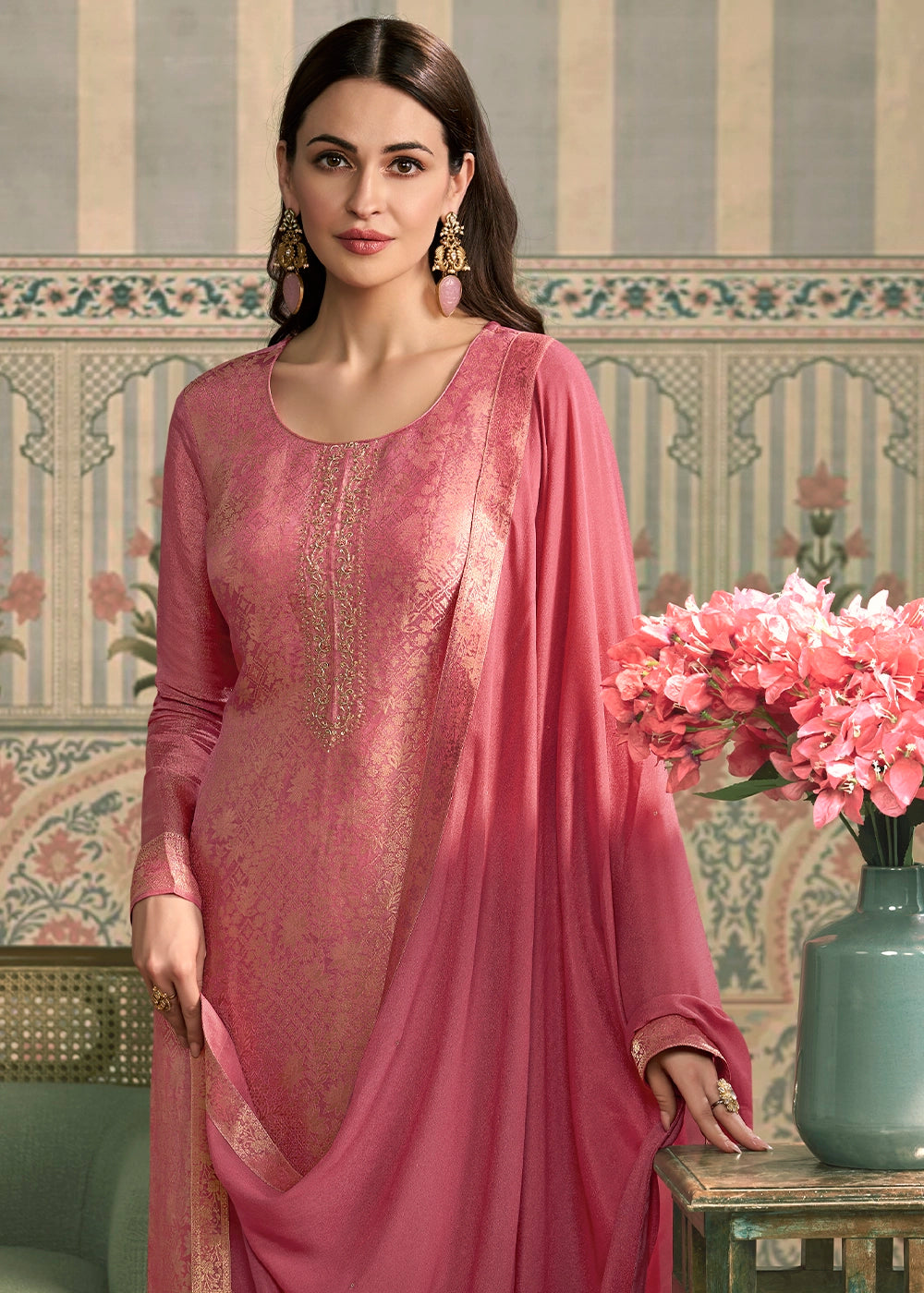 Watermelon Pink Jacquard Simar Silk Pant Suit with Hand Embroidery