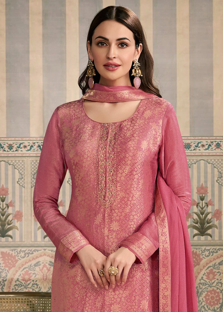 Watermelon Pink Jacquard Simar Silk Pant Suit with Hand Embroidery