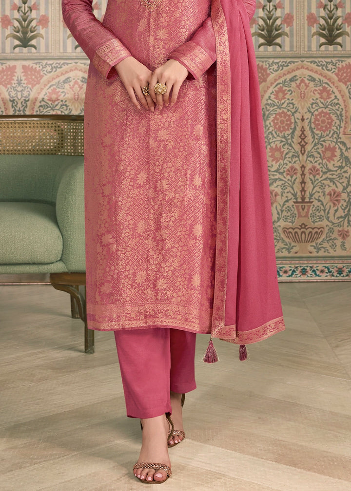 Watermelon Pink Jacquard Simar Silk Pant Suit with Hand Embroidery