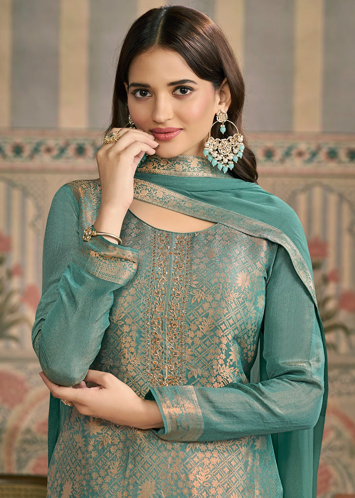 Puerto Rico Green Jacquard Simar Silk Pant Suit with Hand Embroidery