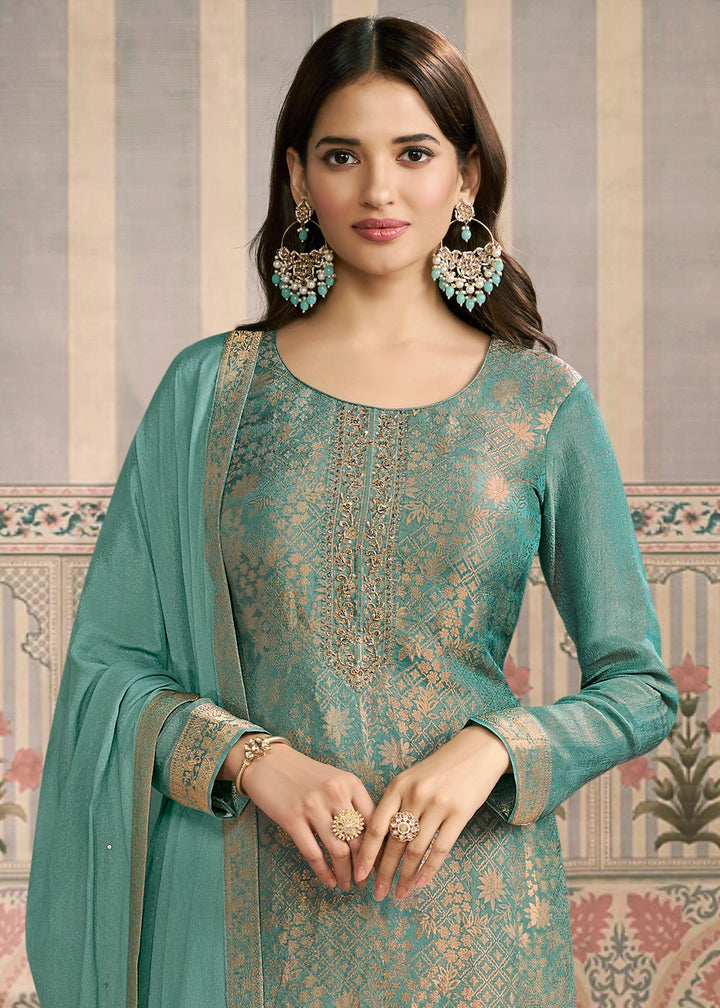 Puerto Rico Green Jacquard Simar Silk Pant Suit with Hand Embroidery