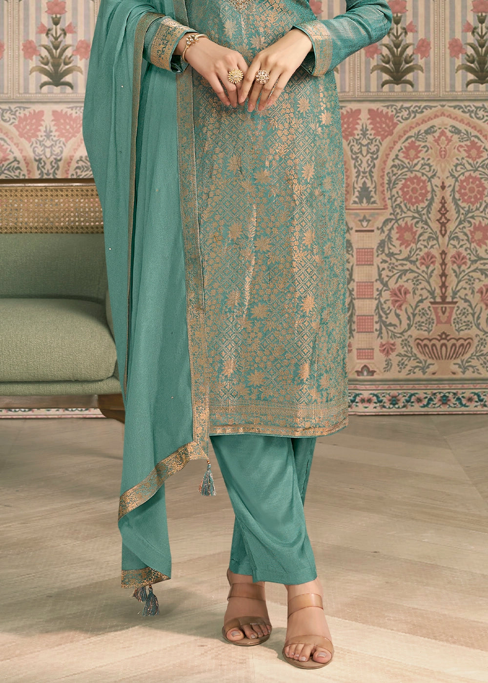 Puerto Rico Green Jacquard Simar Silk Pant Suit with Hand Embroidery