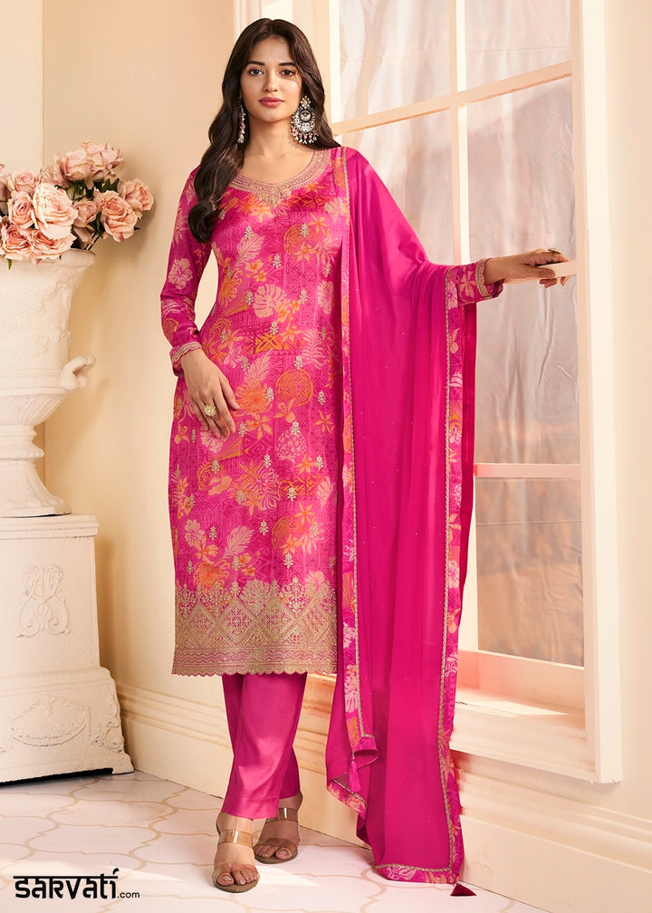 Hot Pink Chinon Silk Floral Printed Pant Suit with Embroidered Detailing