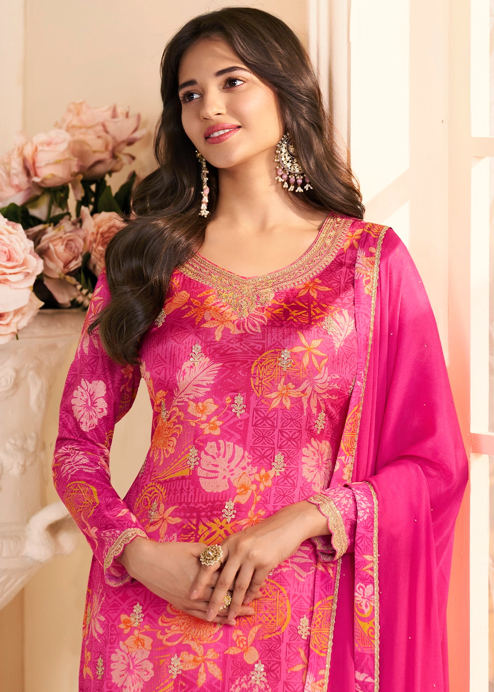 Hot Pink Chinon Silk Floral Printed Pant Suit with Embroidered Detailing