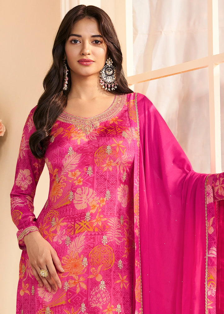 Hot Pink Chinon Silk Floral Printed Pant Suit with Embroidered Detailing