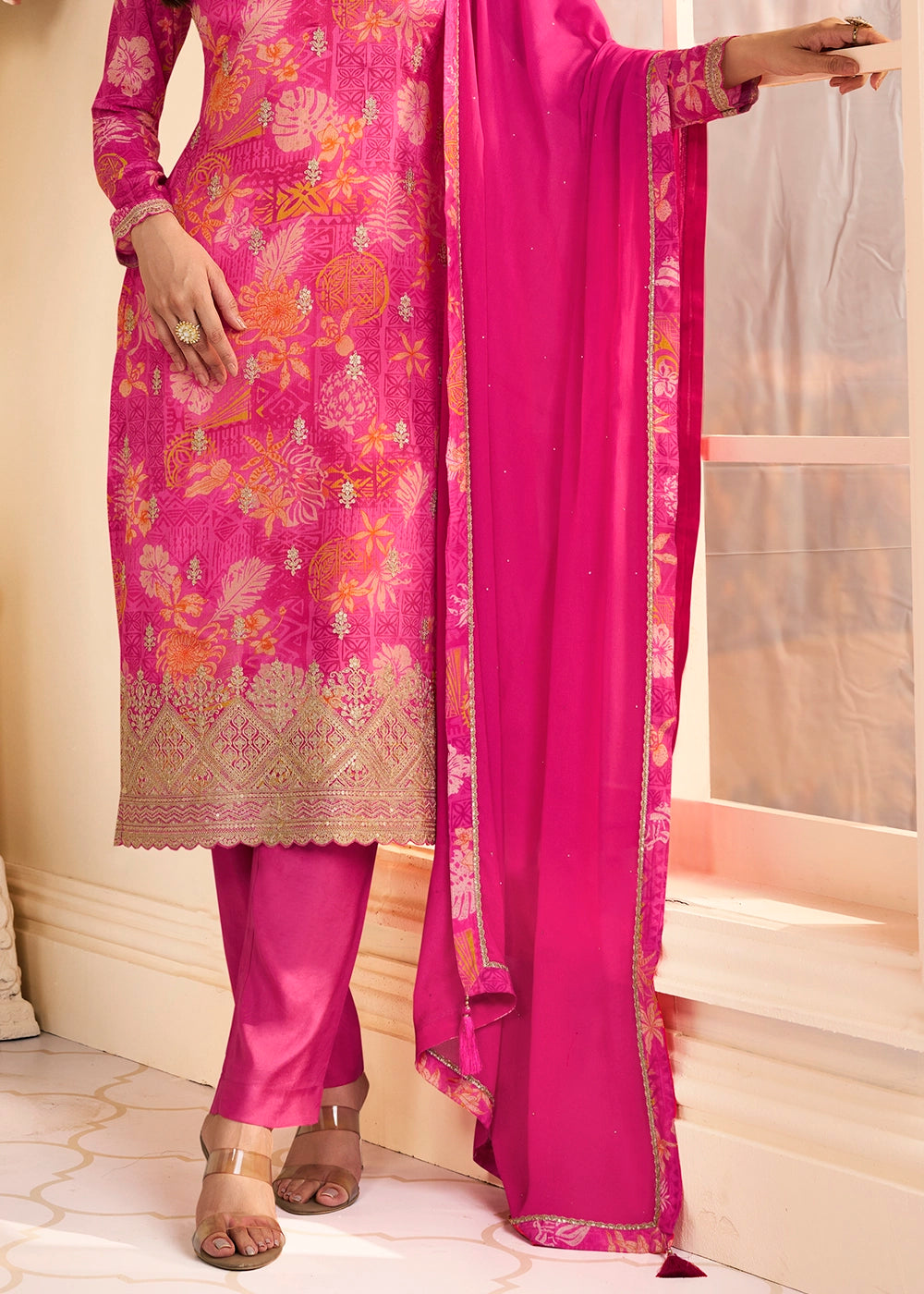 Hot Pink Chinon Silk Floral Printed Pant Suit with Embroidered Detailing