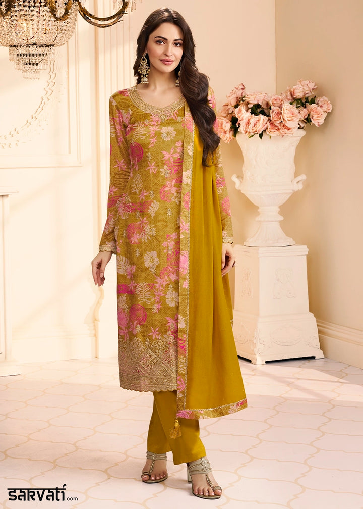 Mustard Yellow Chinon Silk Floral Printed Pant Suit with Embroidered Detailing