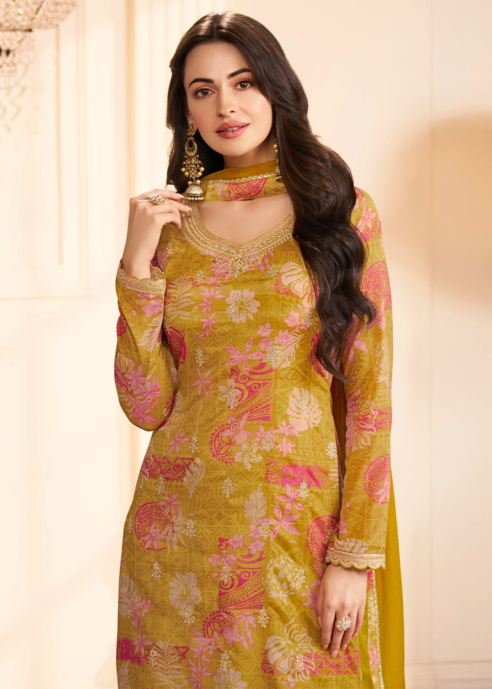 Mustard Yellow Chinon Silk Floral Printed Pant Suit with Embroidered Detailing