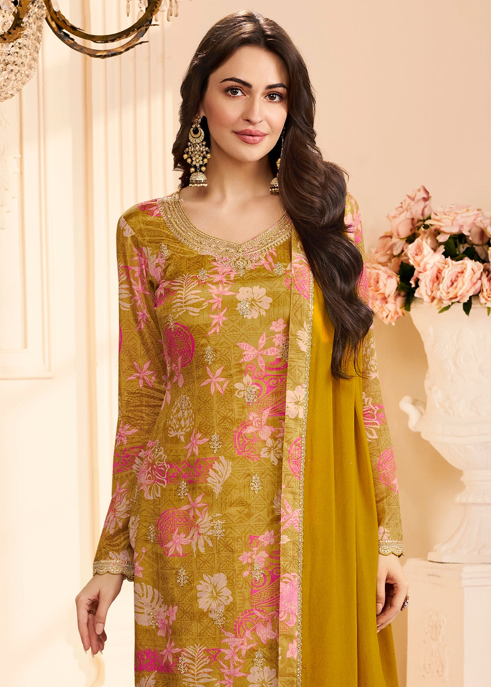 Mustard Yellow Chinon Silk Floral Printed Pant Suit with Embroidered Detailing