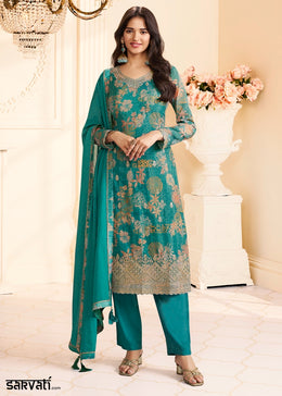 Iris Blue Chinon Silk Floral Printed Pant Suit with Embroidered Detailing