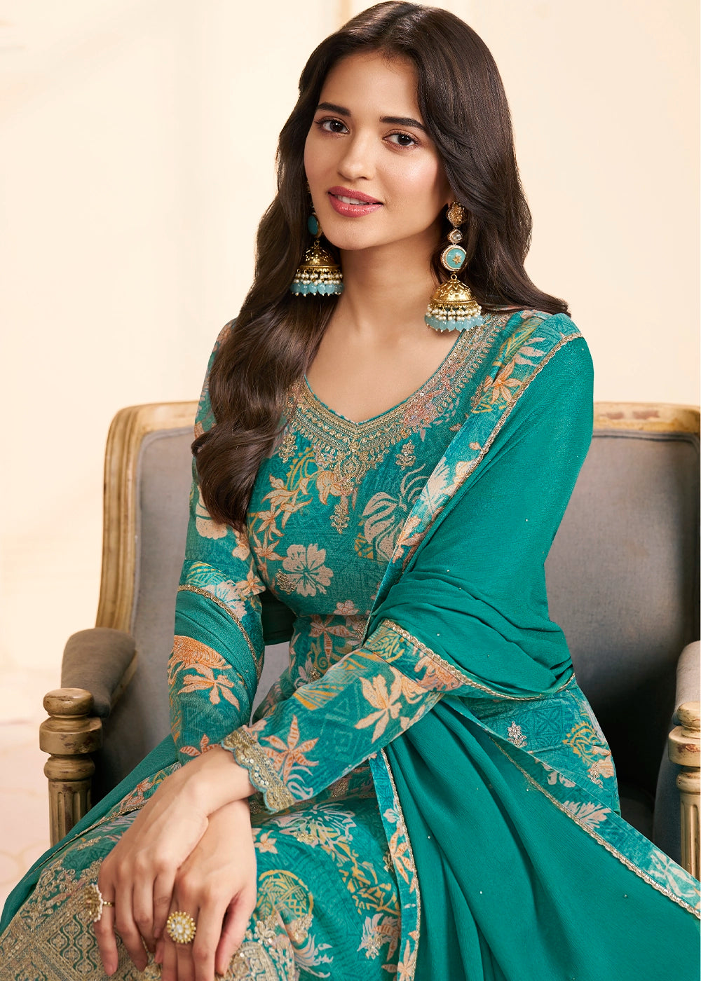 Iris Blue Chinon Silk Floral Printed Pant Suit with Embroidered Detailing