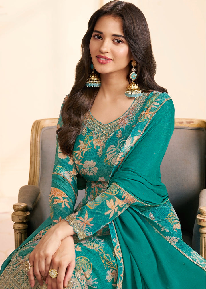 Iris Blue Chinon Silk Floral Printed Pant Suit with Embroidered Detailing