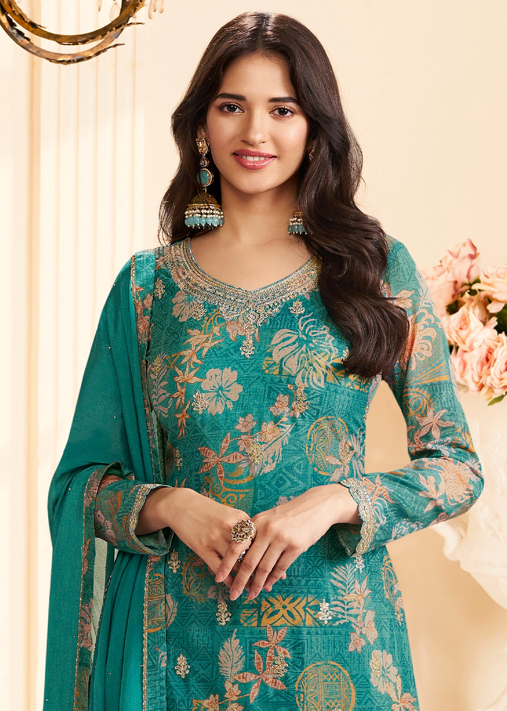 Iris Blue Chinon Silk Floral Printed Pant Suit with Embroidered Detailing