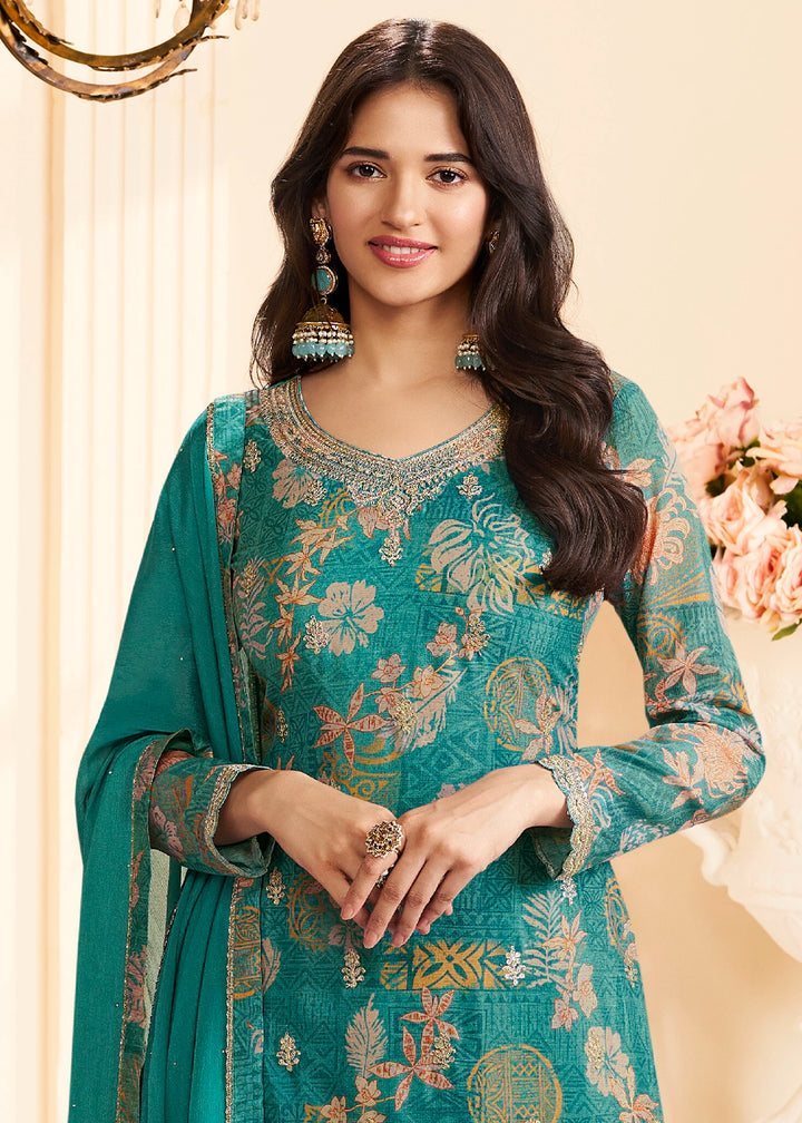 Iris Blue Chinon Silk Floral Printed Pant Suit with Embroidered Detailing