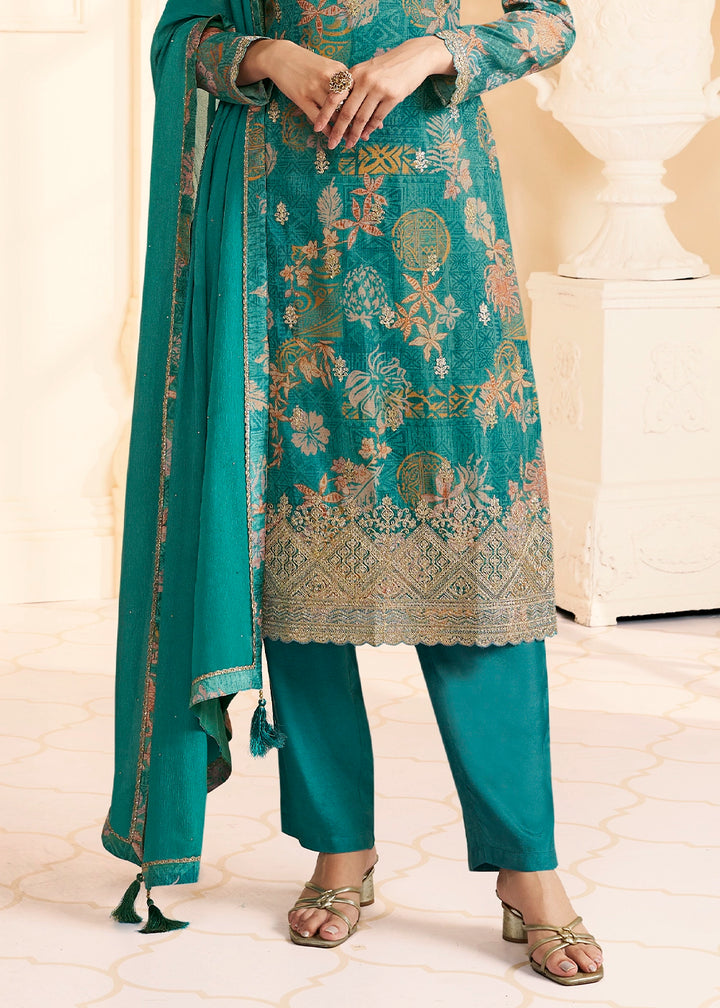 Iris Blue Chinon Silk Floral Printed Pant Suit with Embroidered Detailing