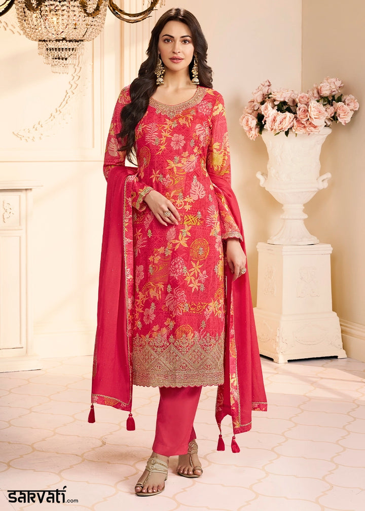 Rouge Pink Chinon Silk Floral Printed Pant Suit with Embroidered Detailing